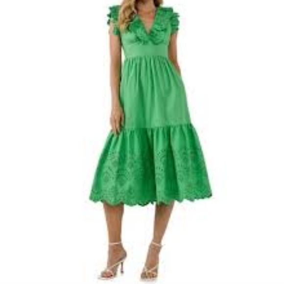 English Factory Eyelet Scallop Detail Midi Dress Pockets Side Zipper GREEN  NWT